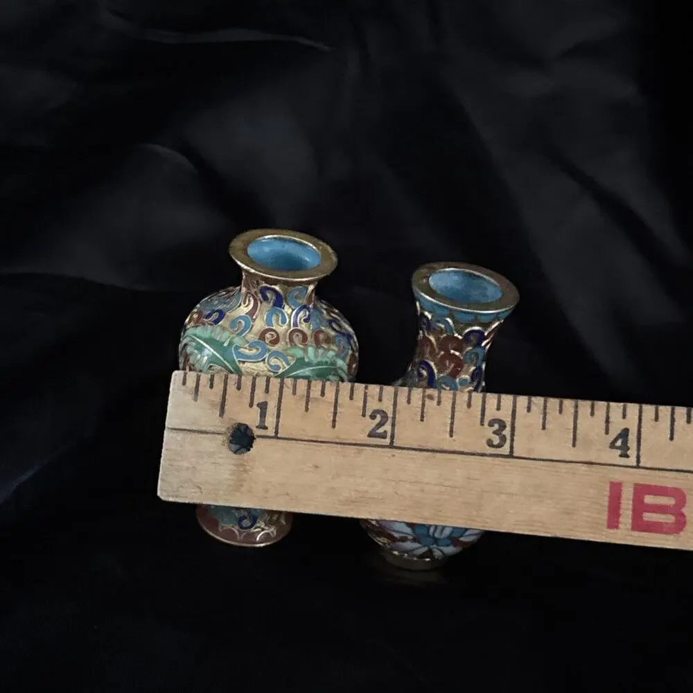 2 Vintage Cloisonné Vase Set Mini Vases Vibrant Blue Pink Gold Floral Design 3”